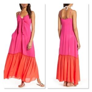 Elan Colorblock Maxi Dress Swim Cover Up Fushcia Orange M